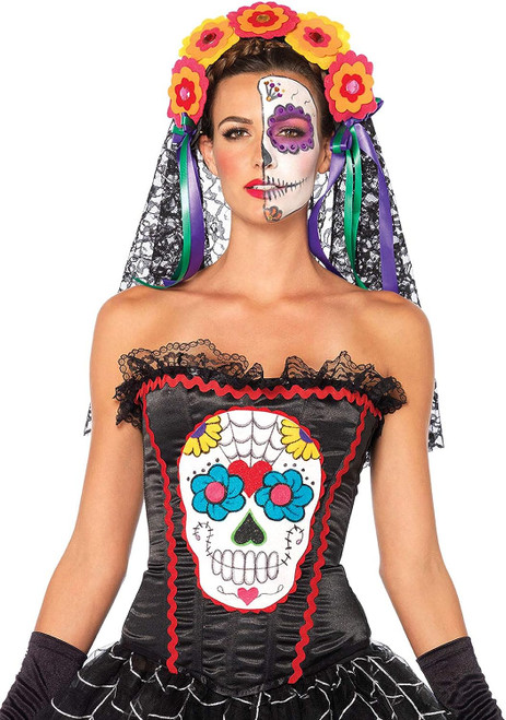 Sugar Skull Bustier Day Dead Dia Muertos Fancy Dress Up Halloween Adult Costume
