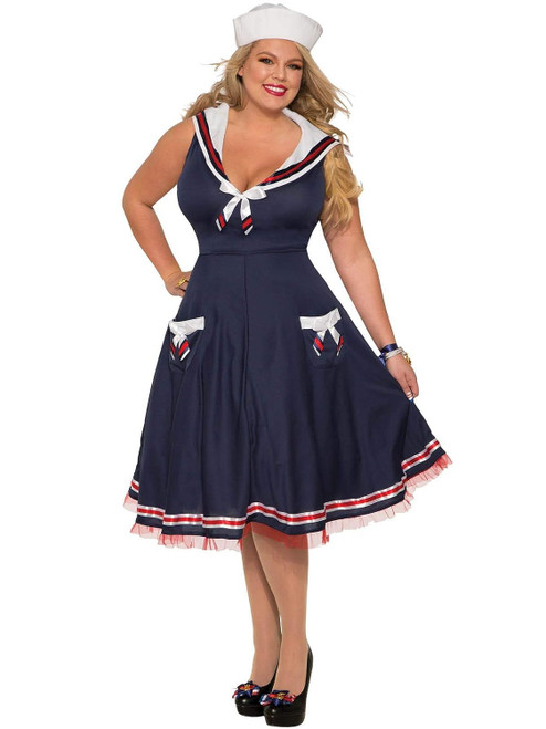 Ahoy Lady Sailor Girl Navy Blue Fancy Dress Halloween Plus Size Adult Costume