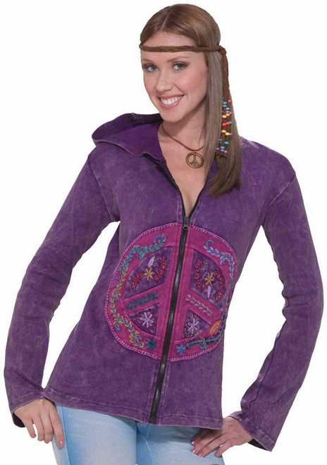 Hippie Peace Sign Hoodie 60's Woodstock Fancy Dress Up Halloween Adult Costume