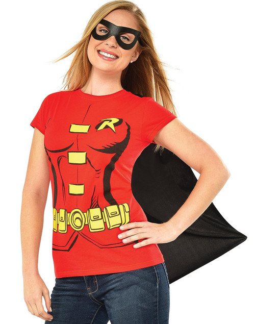 Robin Female Shirt Mask DC Comics Superhero Fancy Dress Halloween Adult Costume