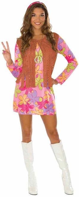 Sunshine Hippie Girl 60's Retro Groovy Fancy Dress Up Halloween Adult Costume