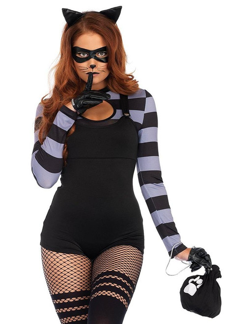 Cat Burglar Animal Thief Striped Fancy Dress Up Halloween Sexy Adult Costume