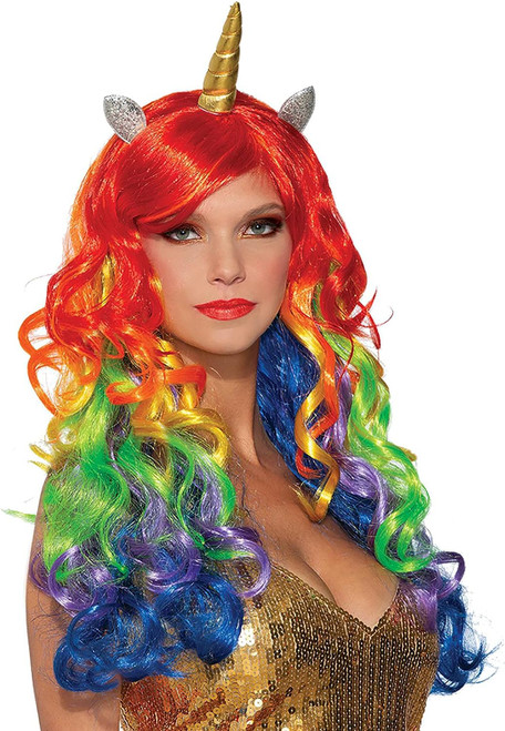 Rainbow Unicorn Wig Fantasy Long Fancy Dress Halloween Adult Costume Accessory