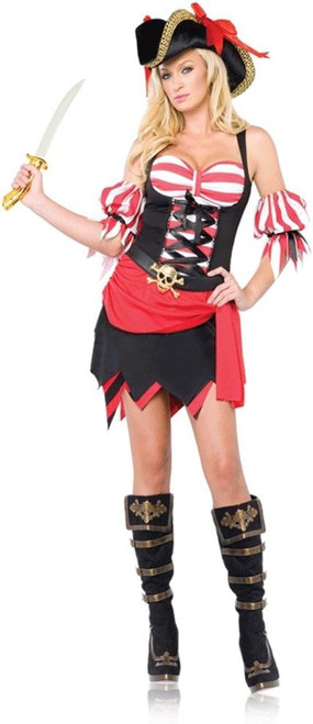 Rogue Pirate Wench Striped Caribbean Fancy Dress Up Halloween Sexy Adult Costume