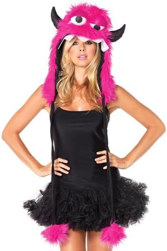 Plush Monster Hood w/Pom Pom Ties Pink Fancy Dress Halloween Costume Accessory