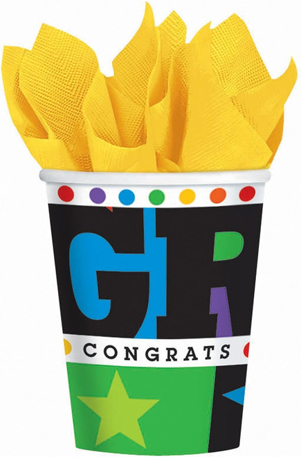 Bright Grad Congrats Hat Stars Graduation Eco Party Bulk 9 oz. Paper Cups