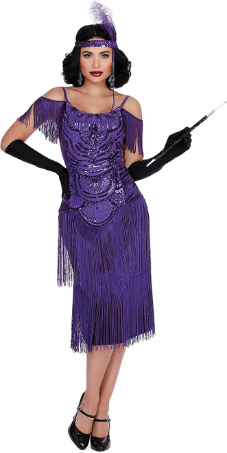 Miss Ritz Purple Flapper Roaring 20's Fancy Dress Up Halloween Adult Costume