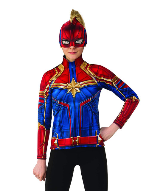 Captain Marvel Hero Shirt & Mask Superhero Fancy Dress Halloween Adult Costume