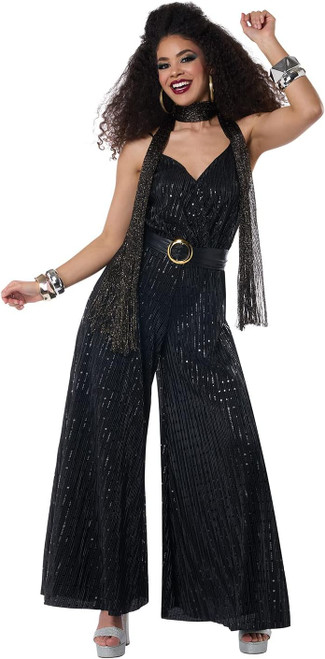 Let's Dance Disco Jumpsuit 70's Retro Black Fancy Dress Halloween Adult Costume