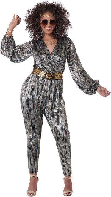 Disco Super Nova 70's Retro Silver Jumpsuit Fancy Dress Halloween Adult Costume
