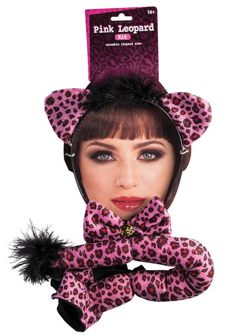 Pink Leopard Kit Ears Tail Animal Fancy Dress Halloween Adult Costume Accessory