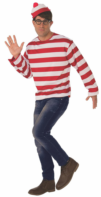 Waldo Where's Wally Book Striped Classic Fancy Dress Up Halloween Adult Costume