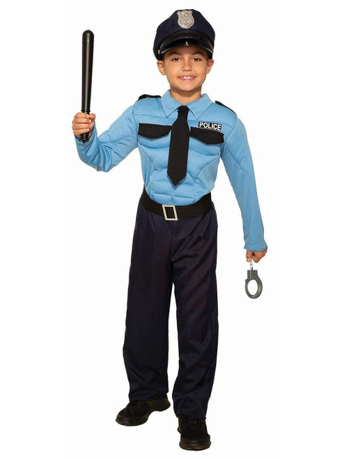 Police Hero Officer Cop Blue Muscle Fancy Dress Up Halloween Child Costume