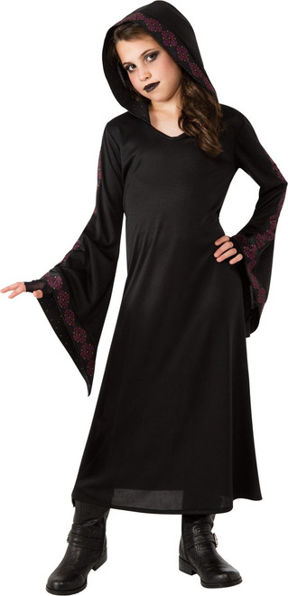 Gothic Dress Hooded Black Robe Vampire Fancy Dress Up Halloween Child Costume