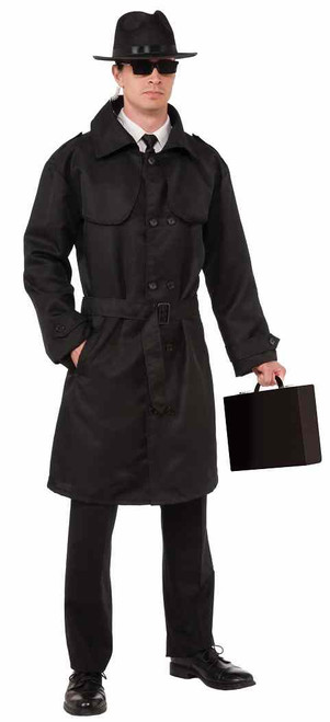 Secret Agent Trench Coat Spy Black Fancy Dress Halloween Adult Costume Accessory