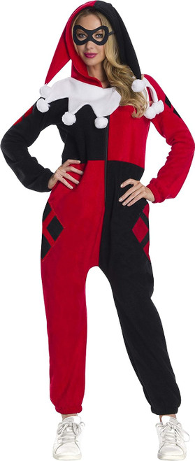Harley Quinn Hooded Jumpsuit DC Comics Fancy Dress Up Halloween Adult Costume