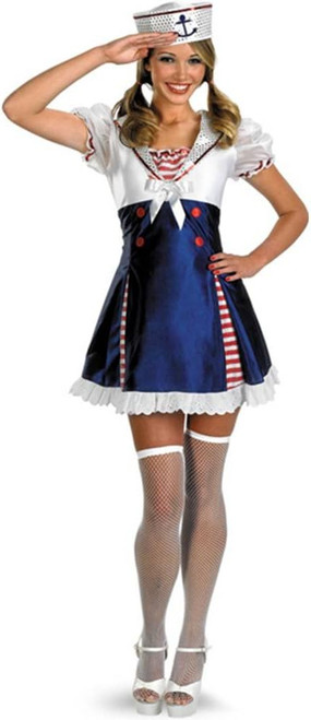 Ahoy Matey Sailor Girl Retro Blue Fancy Dress Up Halloween Teen Adult Costume