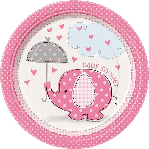 Pink Umbrellaphants Girl Elephant Cute Baby Shower Party 7" Paper Dessert Plates