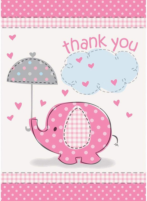 Pink Umbrellaphants Girl Elephant Cute Baby Shower Party Thank You Notes Cards