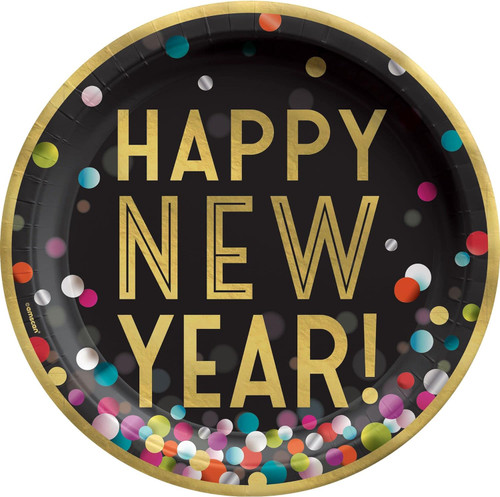 Colorful Confetti Black Happy New Year Party Bulk 10" Paper Banquet Plates