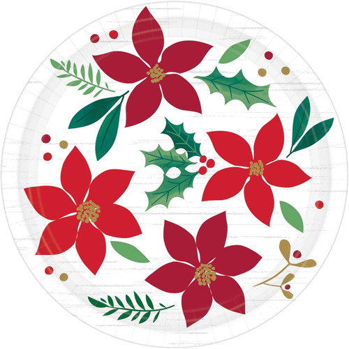 Christmas Wishes Holly Poinsettia Flower Winter Holiday Party 7" Dessert Plates