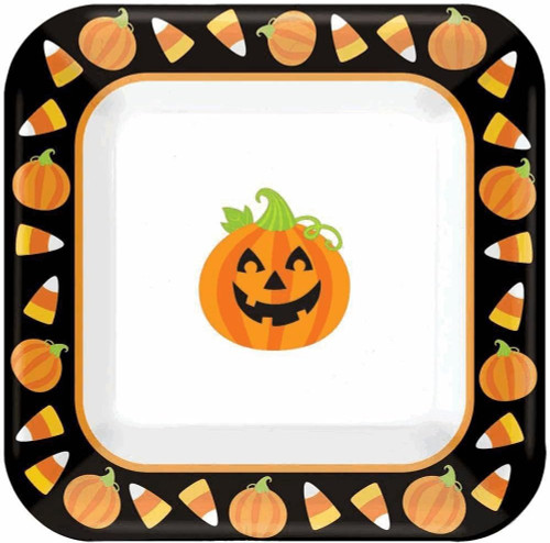 Tricks & Treats Pumpkin Candy Halloween Party 7" Square Paper Dessert Plates