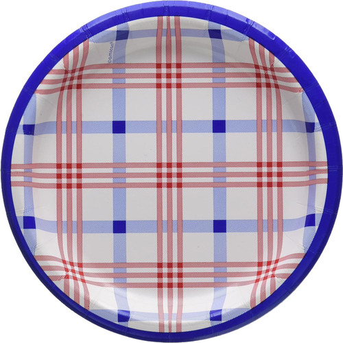 Summer Block Plaid USA Patriotic Party 7" Paper Dessert Plates