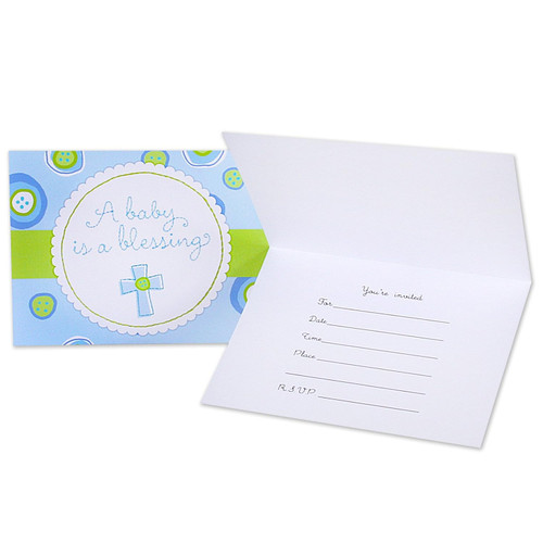 Blessed Baby Boy Blue Cross Religious Shower Party Invitations w/Envelopes