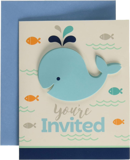 Lil Spout Blue Whale Animal Boy Cute Baby Shower Party Invitations w/Envelopes