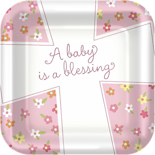 Blessed Baby Girl Pink Cross Religious Shower Party 7" Square Dessert Plates