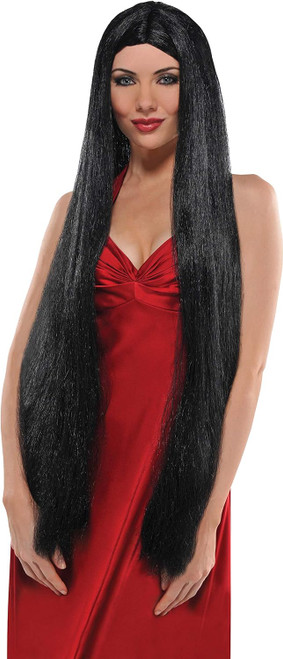 Extra Long Black Wig Witch Fancy Dress Up Halloween Adult Costume Accessory