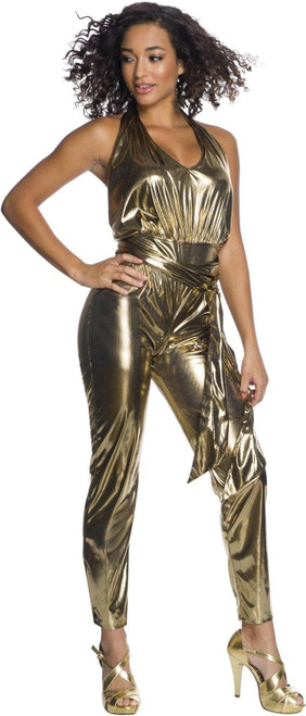 Disco Fever Queen Gold 70's Retro Jumpsuit Fancy Dress Halloween Adult Costume