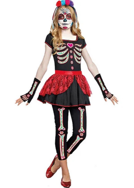 Bone-ita Beauty Day Dead Skeleton Girl Fancy Dress Up Halloween Child Costume