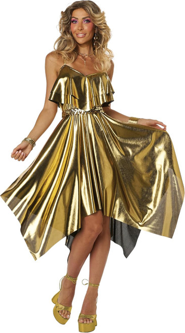 70's Disco Dress Gold Retro Dance Girl Woman Fancy Dress Halloween Adult Costume 70's Disco Dress Gold Retro Dance Girl Woman Fancy Dress Halloween Adult Costume