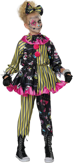 Sinister Skull Clown Girl Circus Carnival Fancy Dress Up Halloween Child Costume