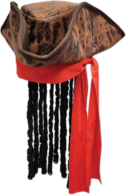 Caribbean Pirate Hat Attached Hair Fancy Dress Halloween Adult Costume Accessory