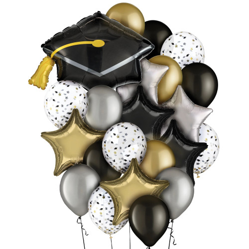 Graduation Cap Black Gold Silver Party Decoration Foil & Latex Balloon Bundle