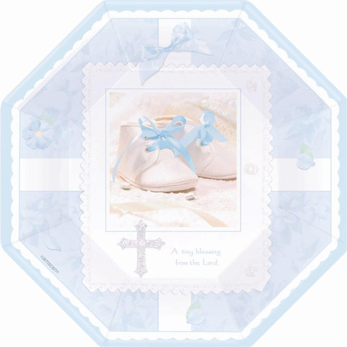 Tiny Blessings Blue Baby Boy Shoes Religious Party Shower 10.5" Banquet Plates