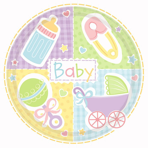 Baby's Nursery Bottle Rattle Pin Carriage Baby Shower Party 9" Dinner Plates