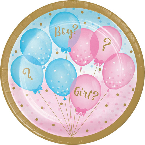 Gender Reveal Balloons Pink Blue Cute Baby Shower Party 7" Paper Dessert Plates