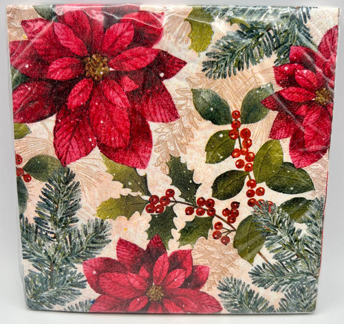Snowy Botanical Poinsettia Flower Christmas Holiday Party Paper Luncheon Napkins