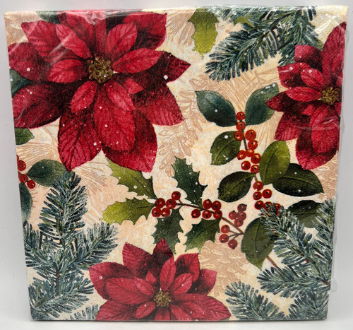 Snowy Botanical Poinsettia Flower Christmas Holiday Party Paper Dinner Napkins
