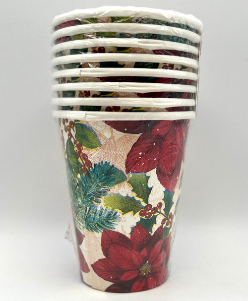 Snowy Botanical Poinsettia Flower Christmas Holiday Party 9 oz. Paper Cups
