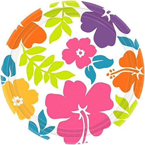 Hibiscus White Tropical Flowers Summer Luau Theme Party Bulk 7" Dessert Plates