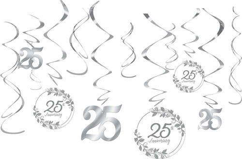 Happy 25th Anniversary Silver Bridal Wedding Party Hanging Swirl Decorations