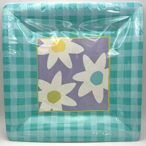 Gingham Daisy Cool Blue Floral Flower Garden Party 10" Square Banquet Plates