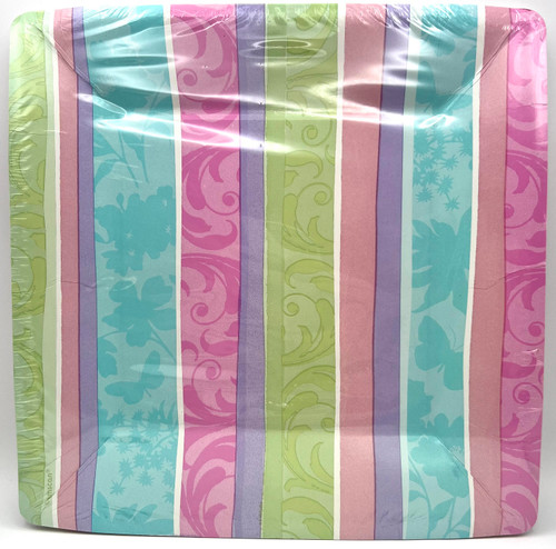 Spring Fashion Stripe Floral Flower Garden Party 10.5" Square Paper Banquet Plates