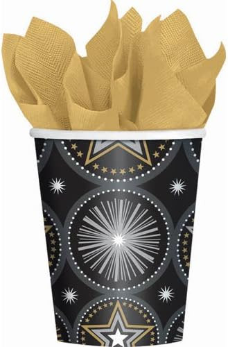 Glitter Starz Black Gold Stars New Year's Hollywood Theme Party 9 oz. Paper Cups