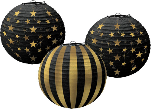 Glitz & Glam Black Gold New Year Hollywood Theme Party Decoration Paper Lanterns