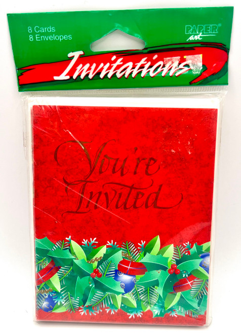 Festive Wreath Red Green Winter Christmas Holiday Party Invitations w/Envelopes